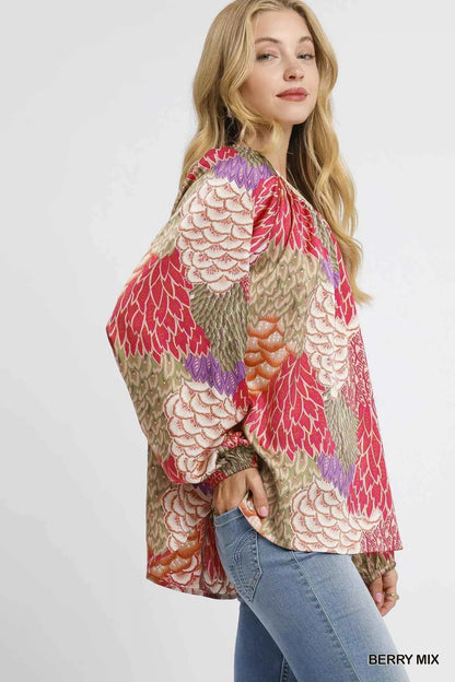 Umgee Boho Feather Print Peasant Blouse