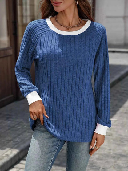 Ribbed Round Neck Raglan Sleeve Knit Top