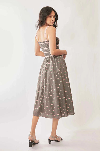 Davi & Dani Contrast Velvet Tape Smocking Bodice Midi Dress