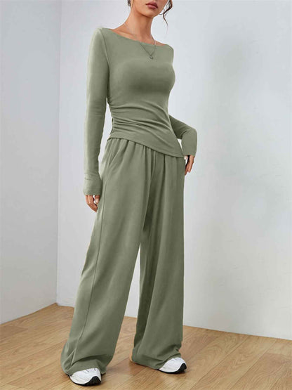 Casual Long Sleeve Top & Wide Leg Pants Set