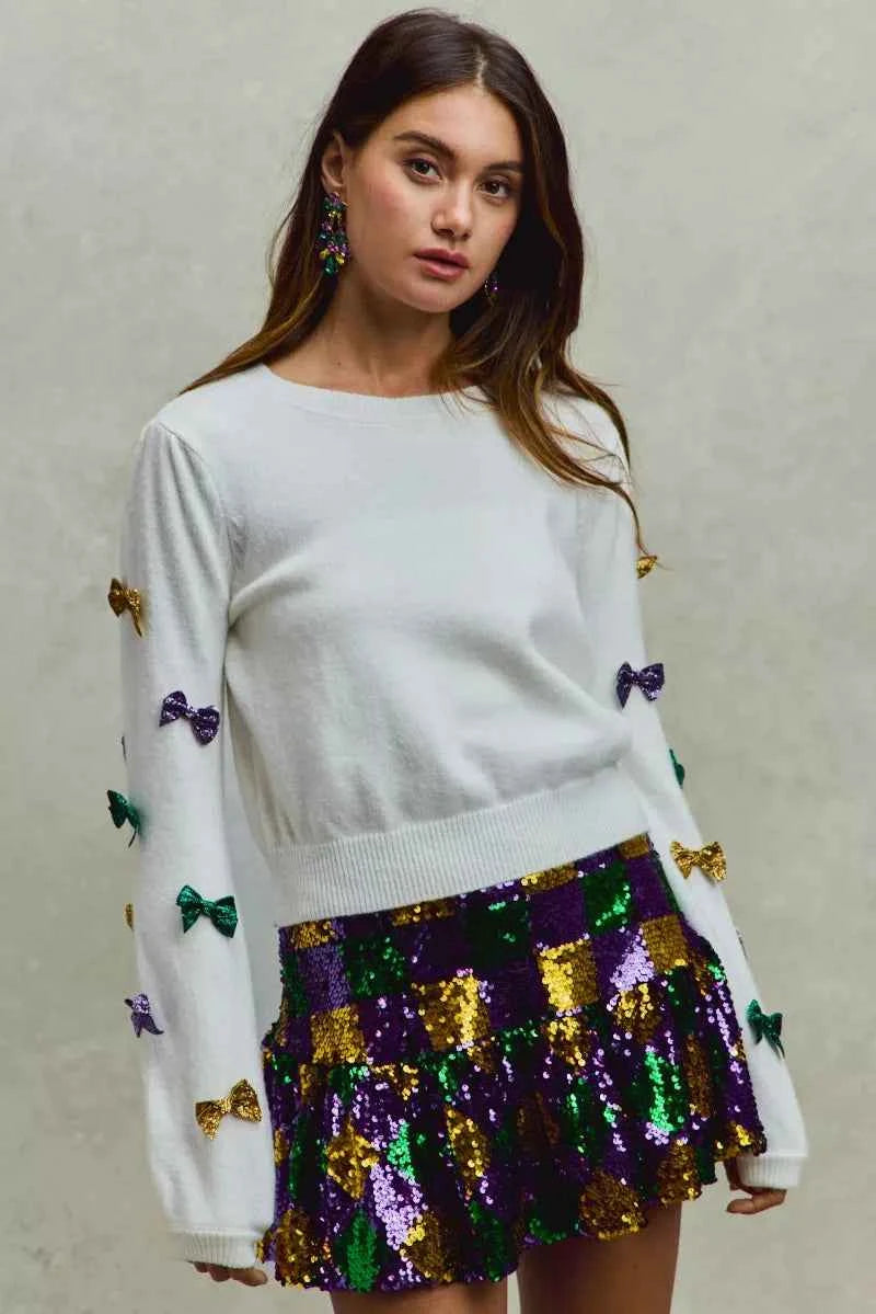 SO ME Mardi Gras Glitter Bow Ribbon Sweater Knit Top
