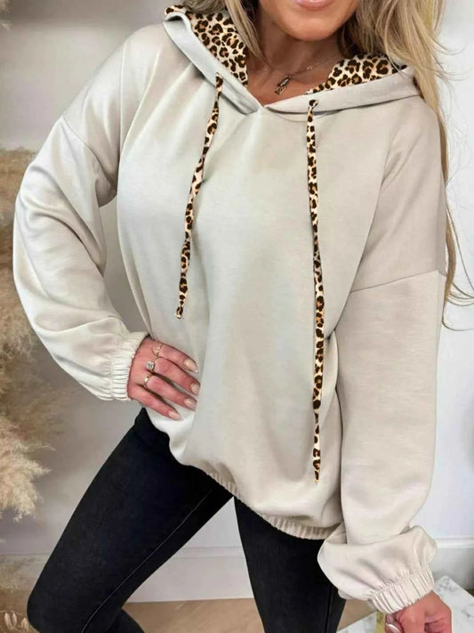 Leopard Trim Drawstring Long Sleeve Hoodie