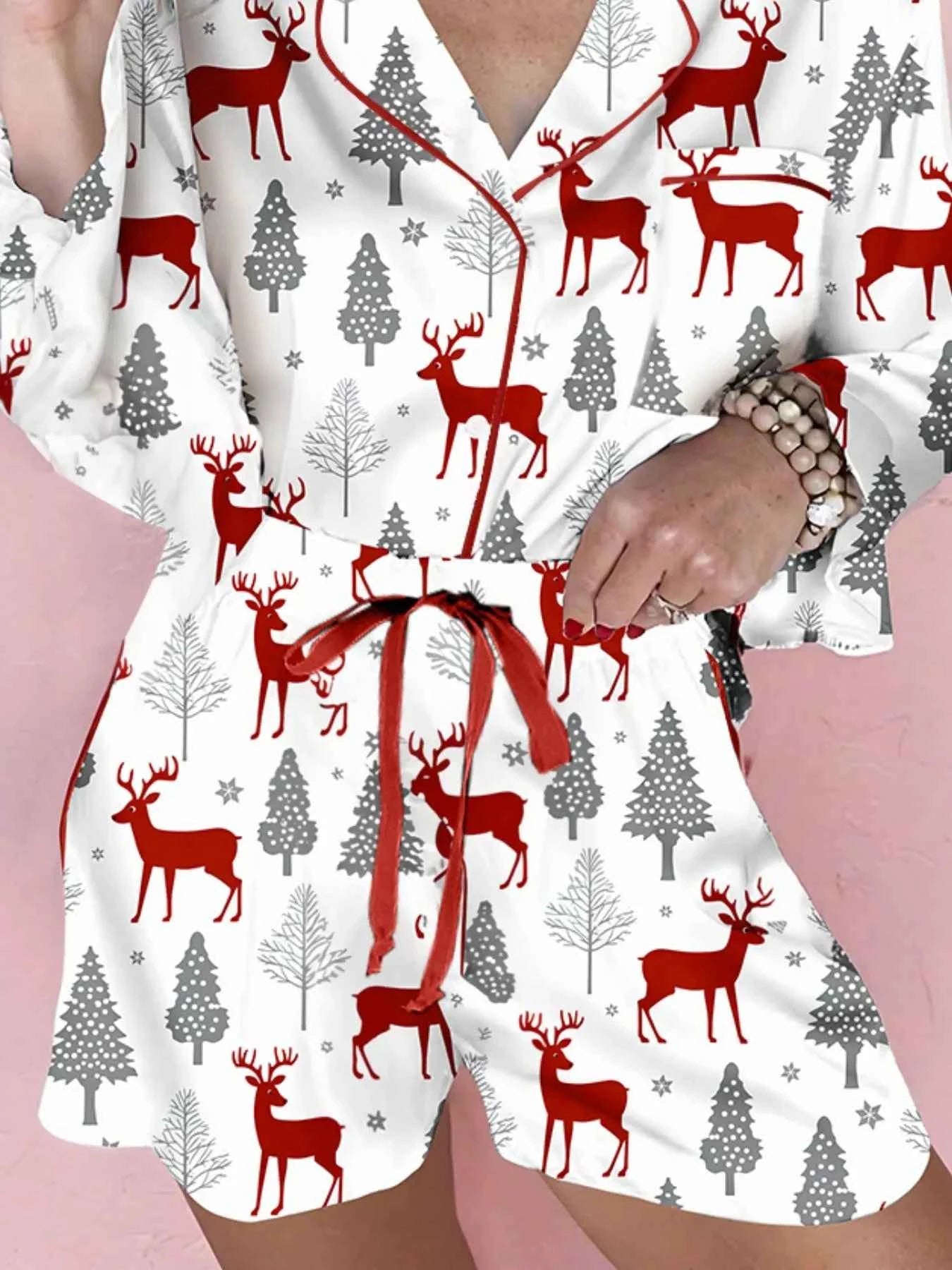 Christmas Fashion Print Velvet Trim Top and Shorts Pajama 2pcs Set