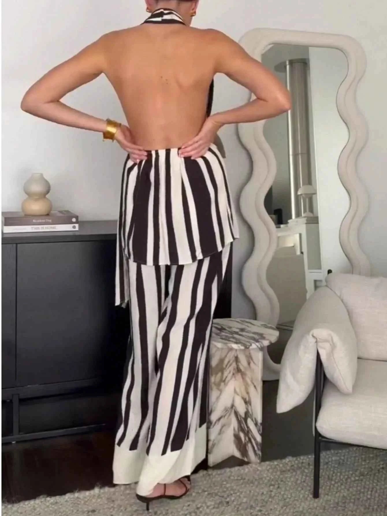 Striped Halter Neck Top and Pants Two-Piece Set