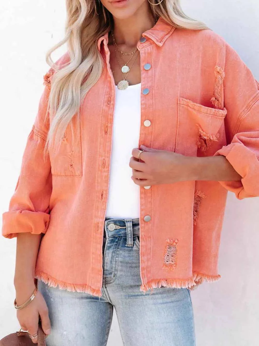Raw Hem Button Up Denim Shacket