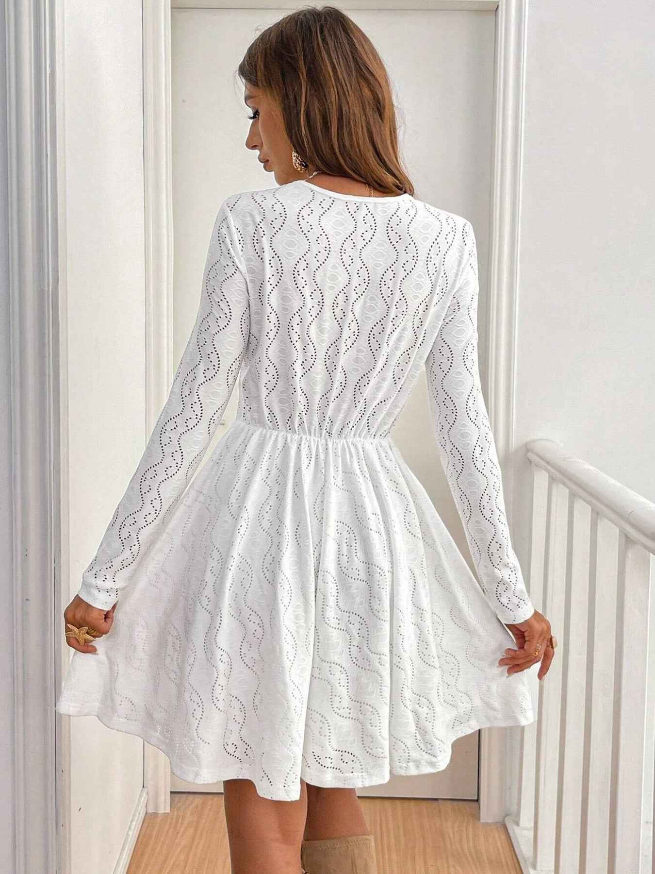 Lace Openwork Long Sleeve V-Neck Dress