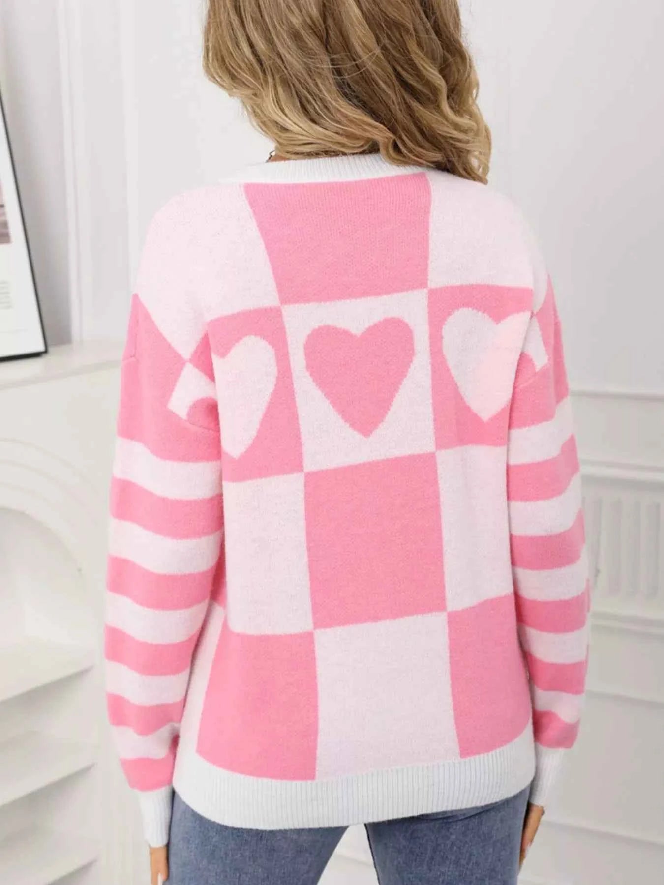 Heart Pattern Checkerboard Knit Sweater