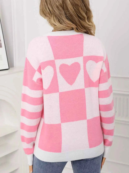 Heart Pattern Checkerboard Knit Sweater