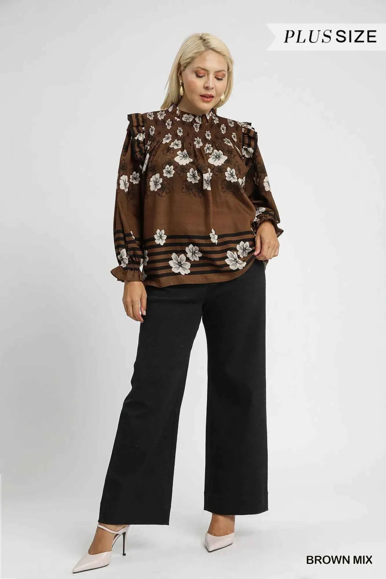 Umgee Full Size Mix Floral Smocked Ruffle Blouse Plus Size
