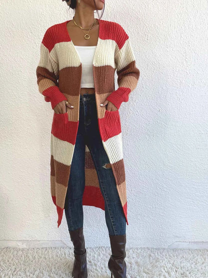 Striped Color Block Open Front Knit Cardigan