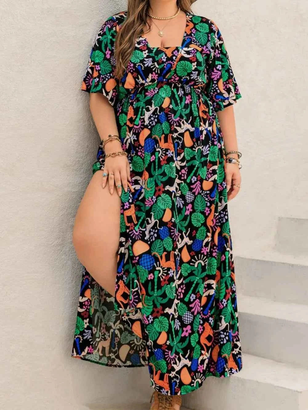 Plus Size Printed Maxi Split Dress