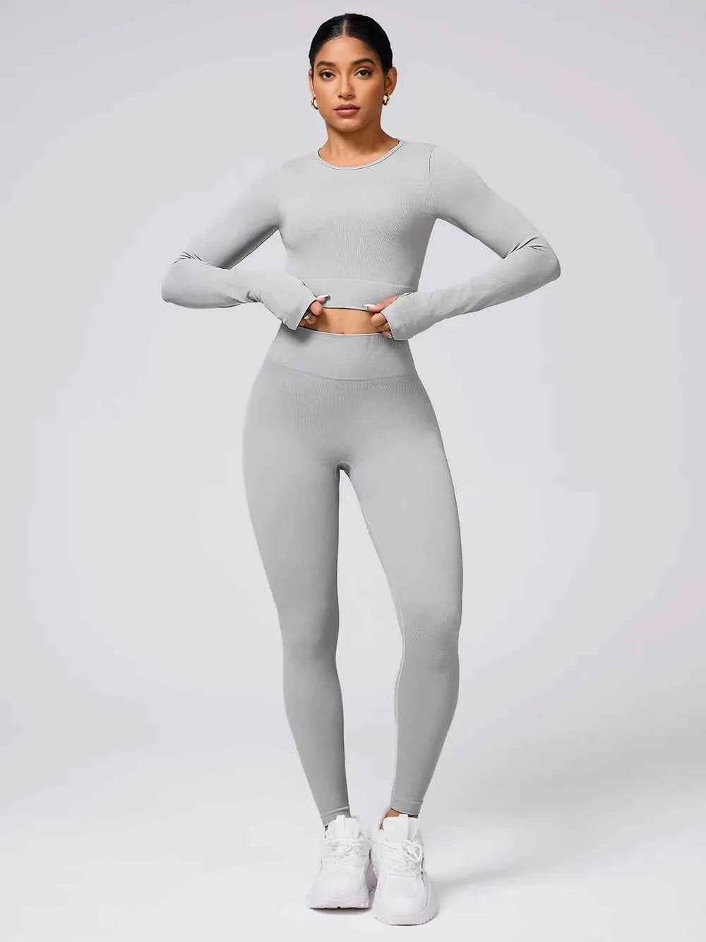 Back Crisscross Round Neck Long Sleeve Top and Leggings Active Set