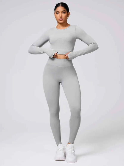 Back Crisscross Round Neck Long Sleeve Top and Leggings Active Set