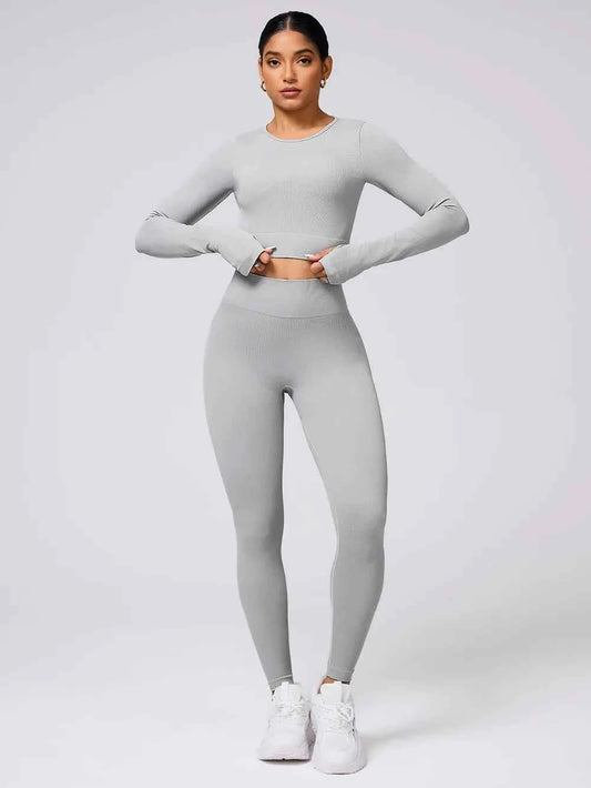 Back Crisscross Round Neck Long Sleeve Top and Leggings Active Set