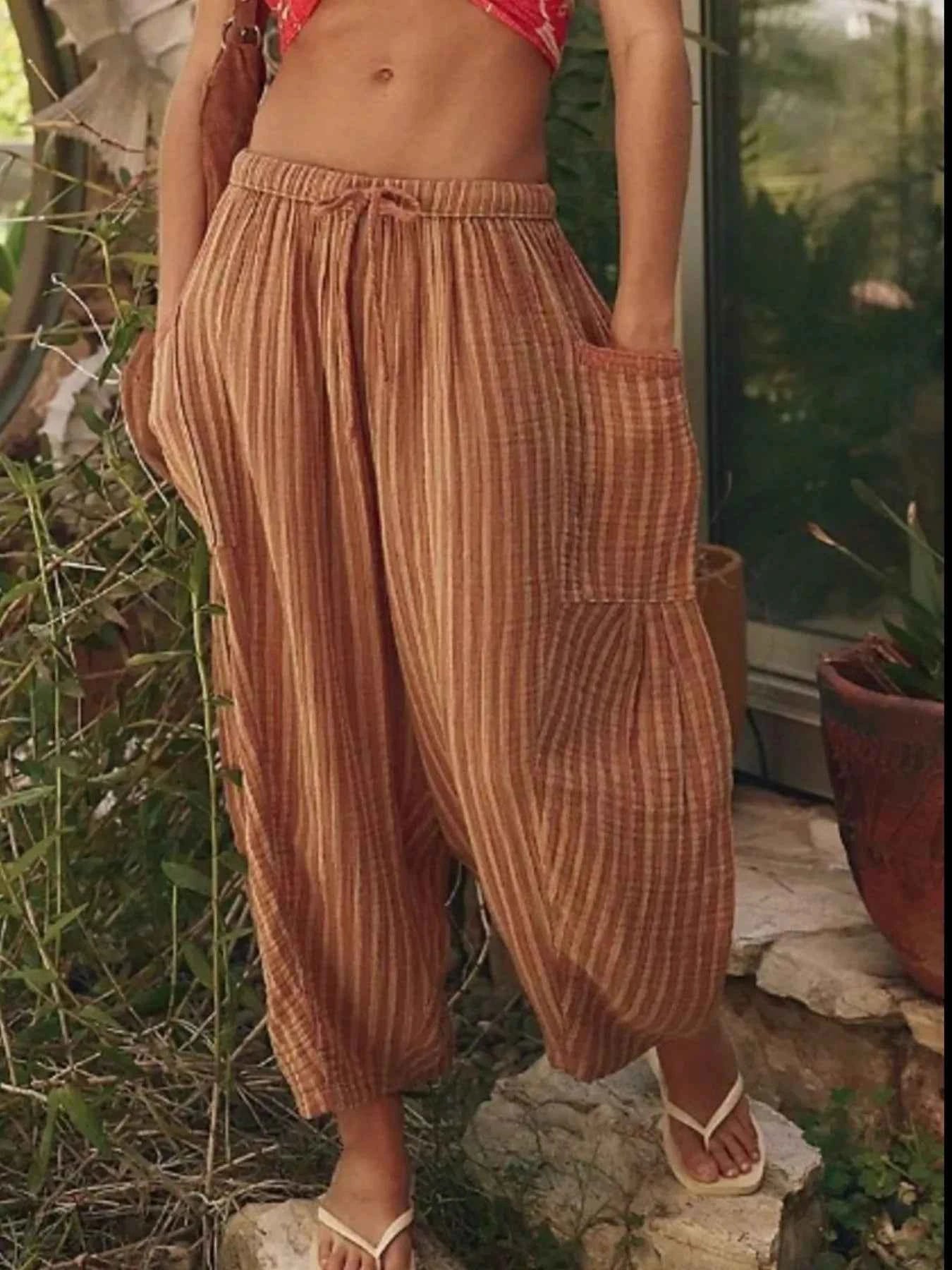 Full Size Striped Wide Leg Casual Pants Plus Size