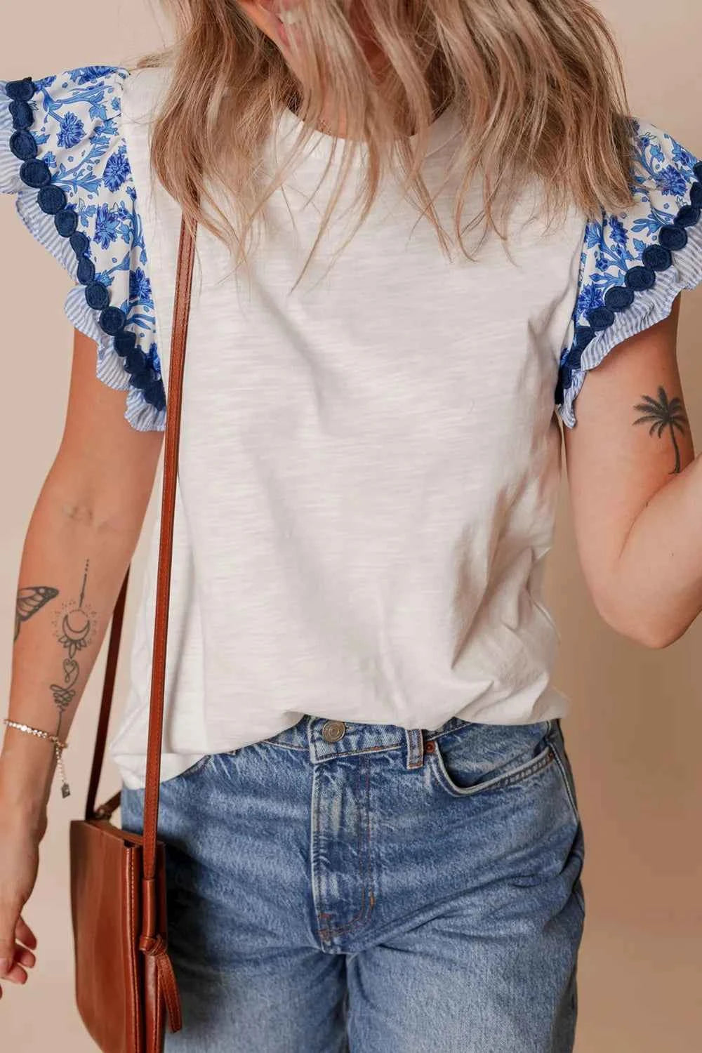 Round Neck Printed Ruffled Cap Sleeve Blouse