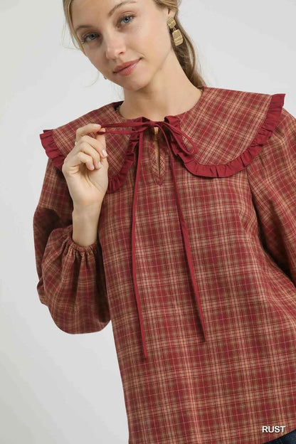 Umgee Full Size Plaid Ruffle Collar Blouse Plus Size