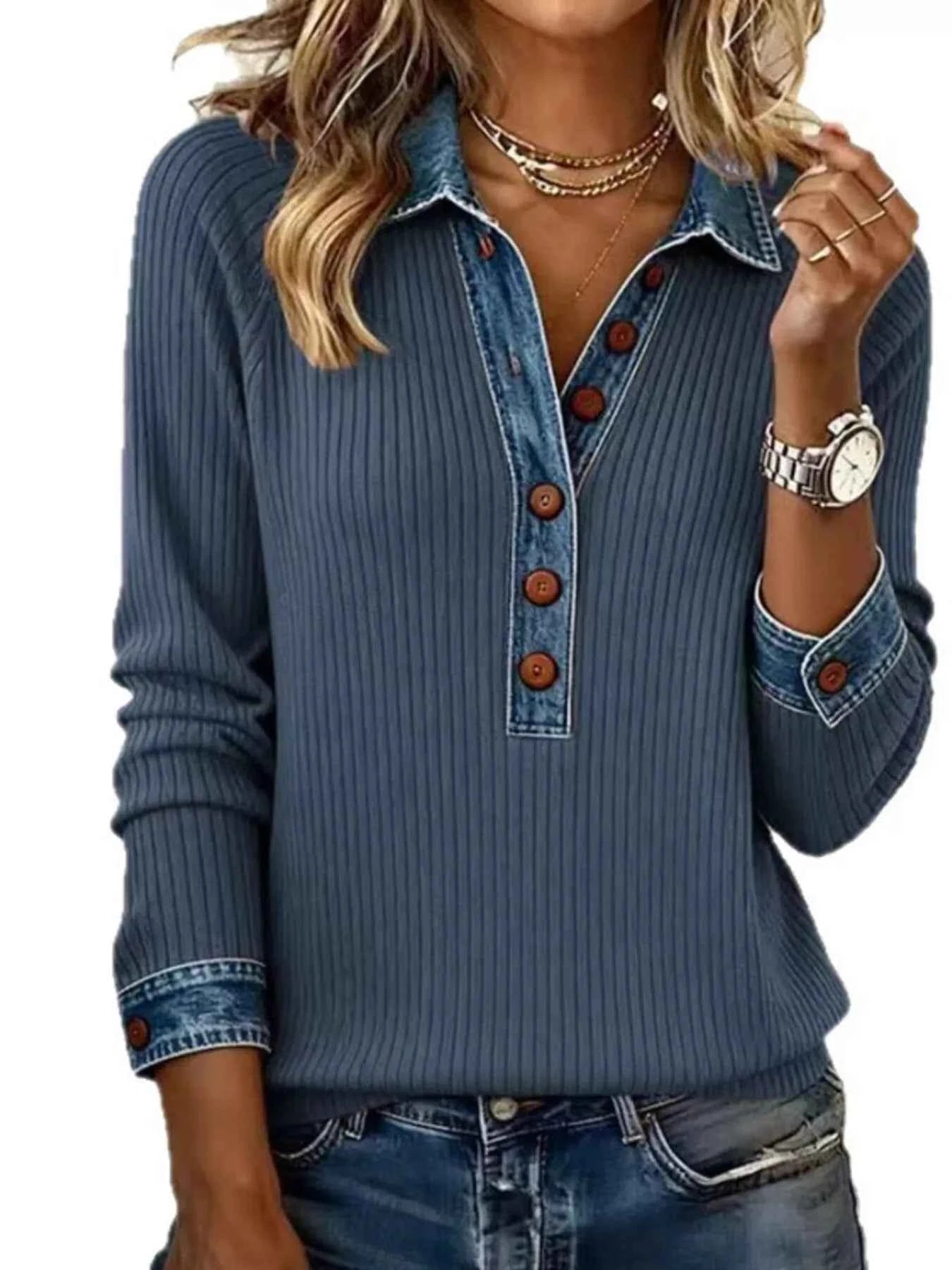 Full Size Denim Trim Button Front Ribbed Knit Top Plus Size