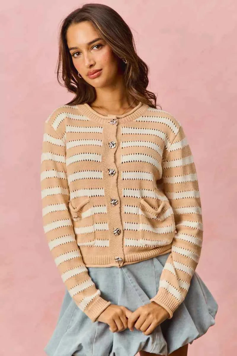 SO ME Stripe Long Sleeves Button Sweater Cardigan