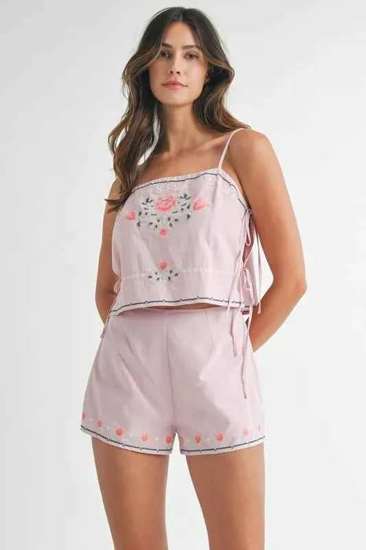 MABLE Embroidered Crop Top and Shorts Set