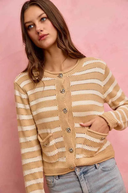 SO ME Stripe Long Sleeves Button Sweater Cardigan