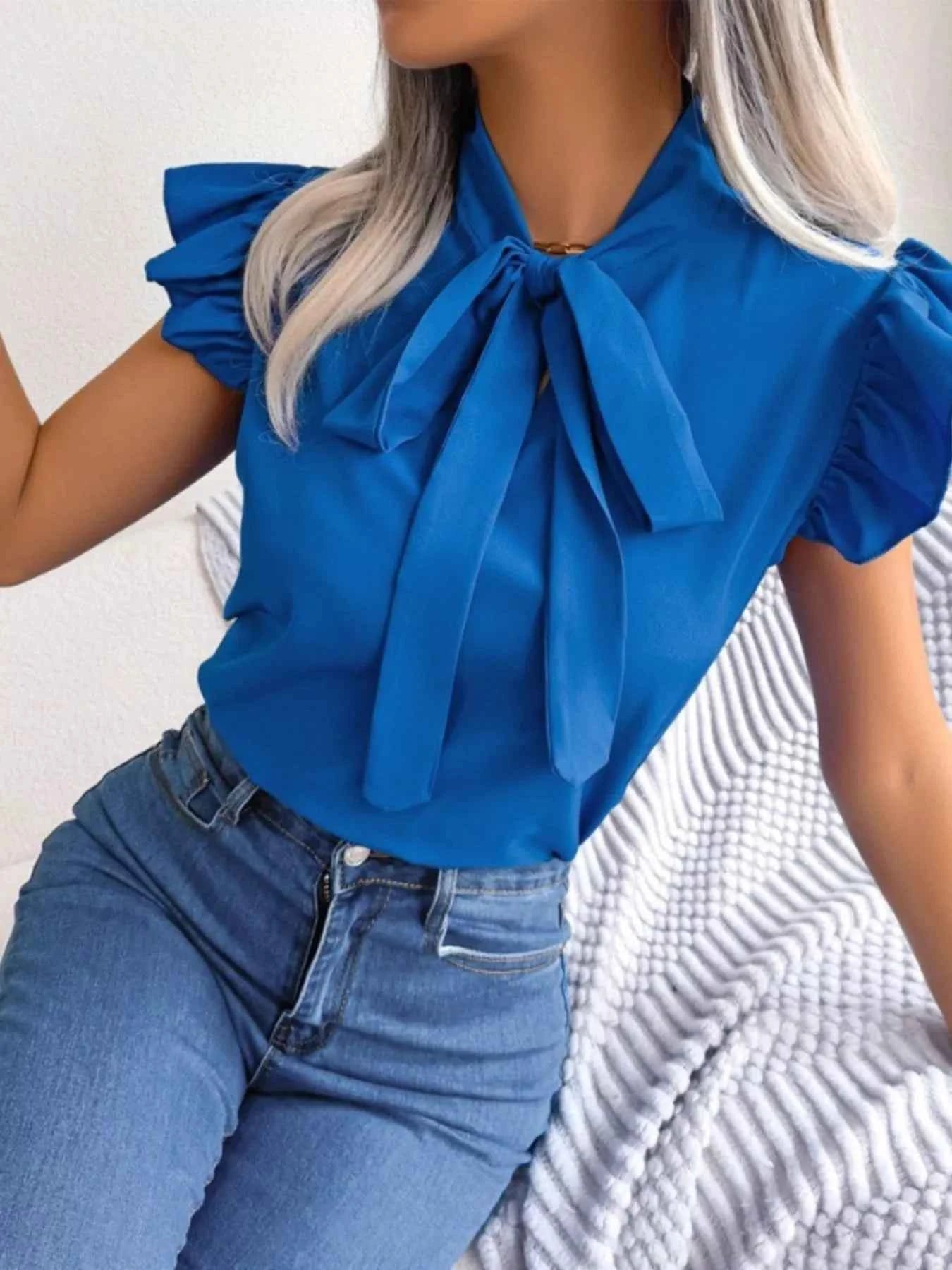 Bow Tie Ruffle Sleeve Blouse