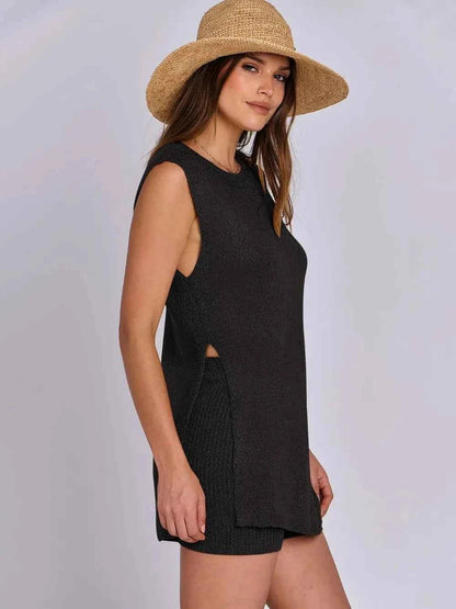 Side Slit Round Neck Tank and Ribbed Shorts Sweater Set