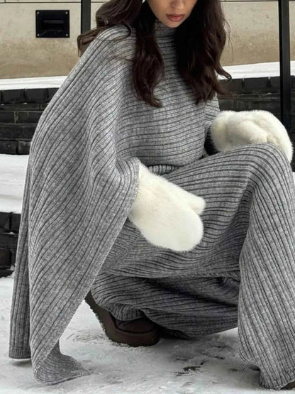 3-Piece Crew Neck Ribbed Sweater and Wide-Leg Pants Set with Scarf