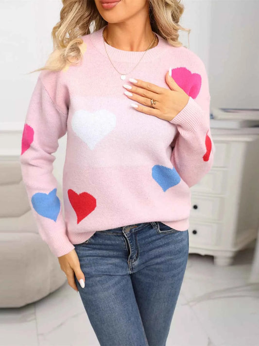 Valentine's Day Heart Round Neck Dropped Shoulder Sweater