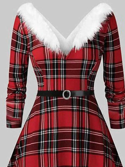 Fuzzy Trim Long Sleeve Christmas Dress