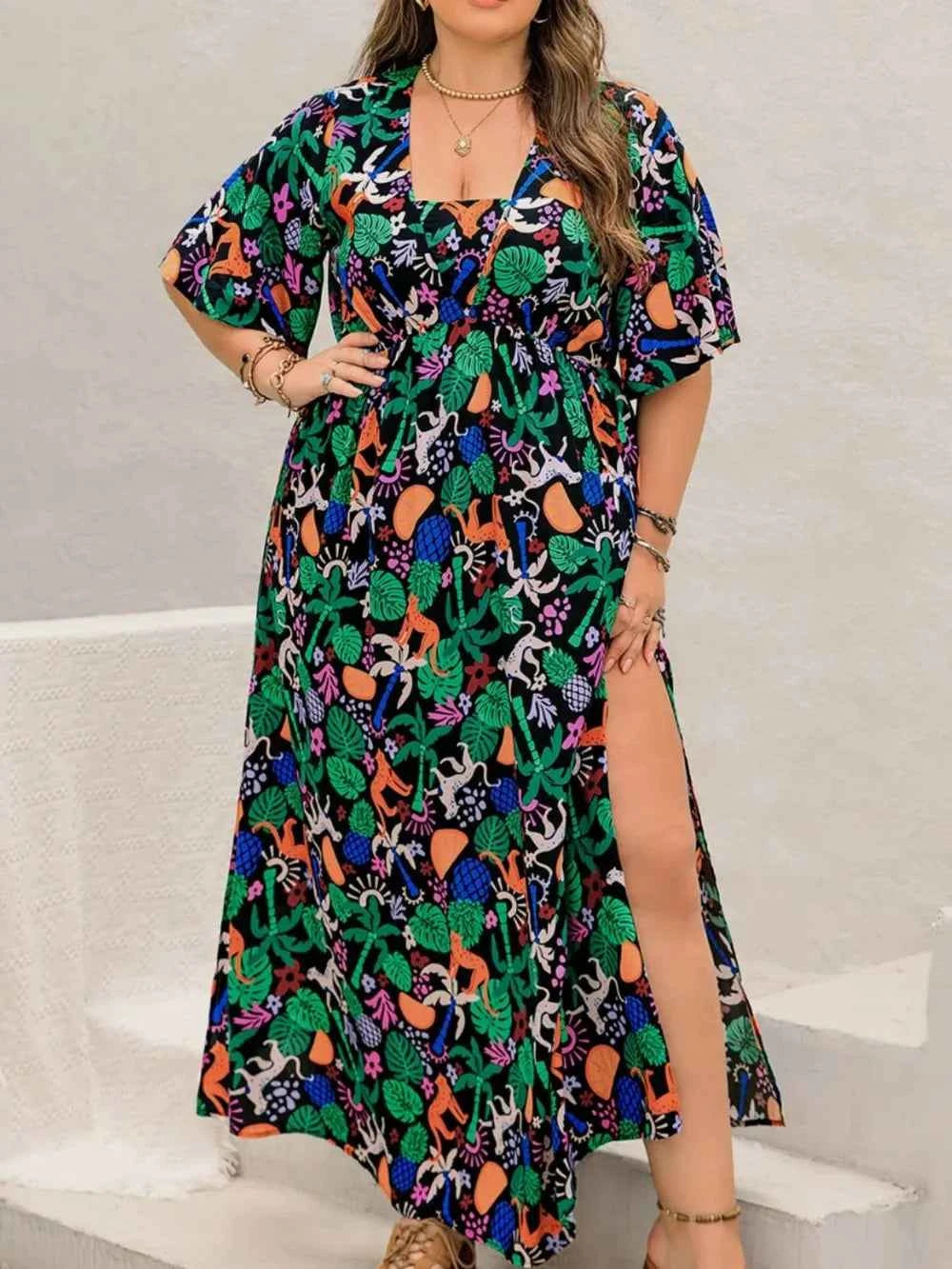 Plus Size Printed Maxi Split Dress