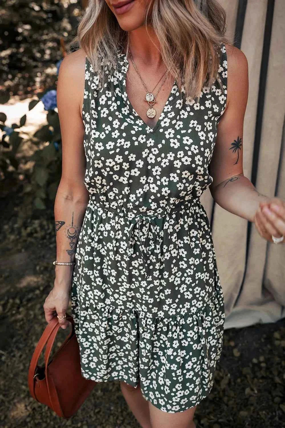 Boho Floral Print V Neck Tunic Sleeveless Dress