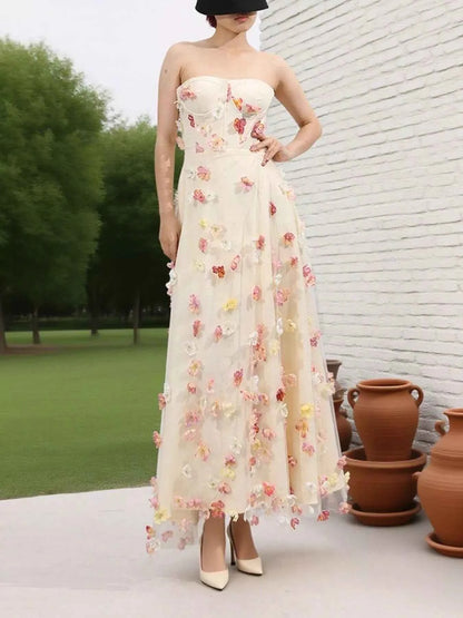 Floral Applique Strapless Tulle Maxi Dress
