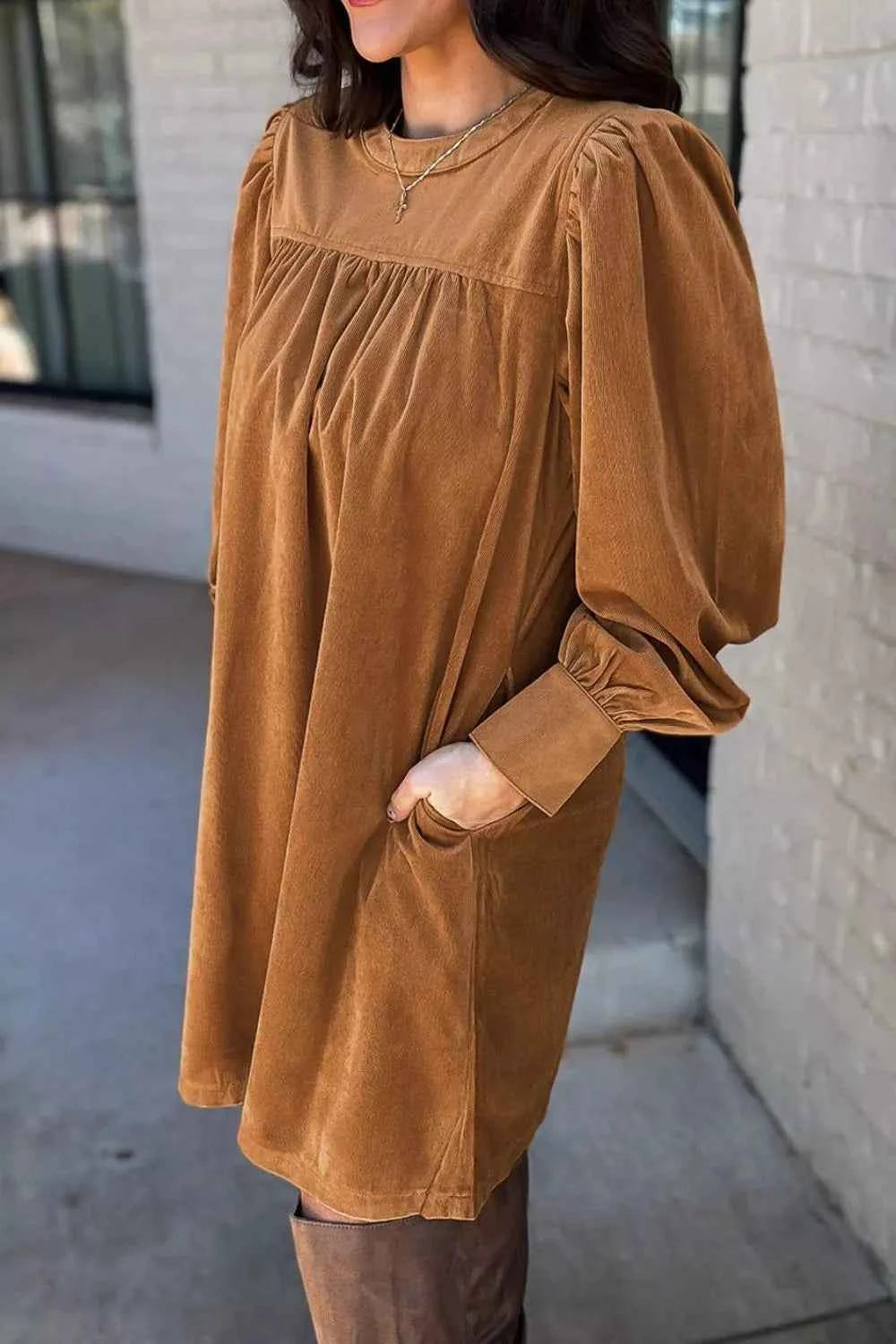 Corduroy Puff Sleeve Mini Dress