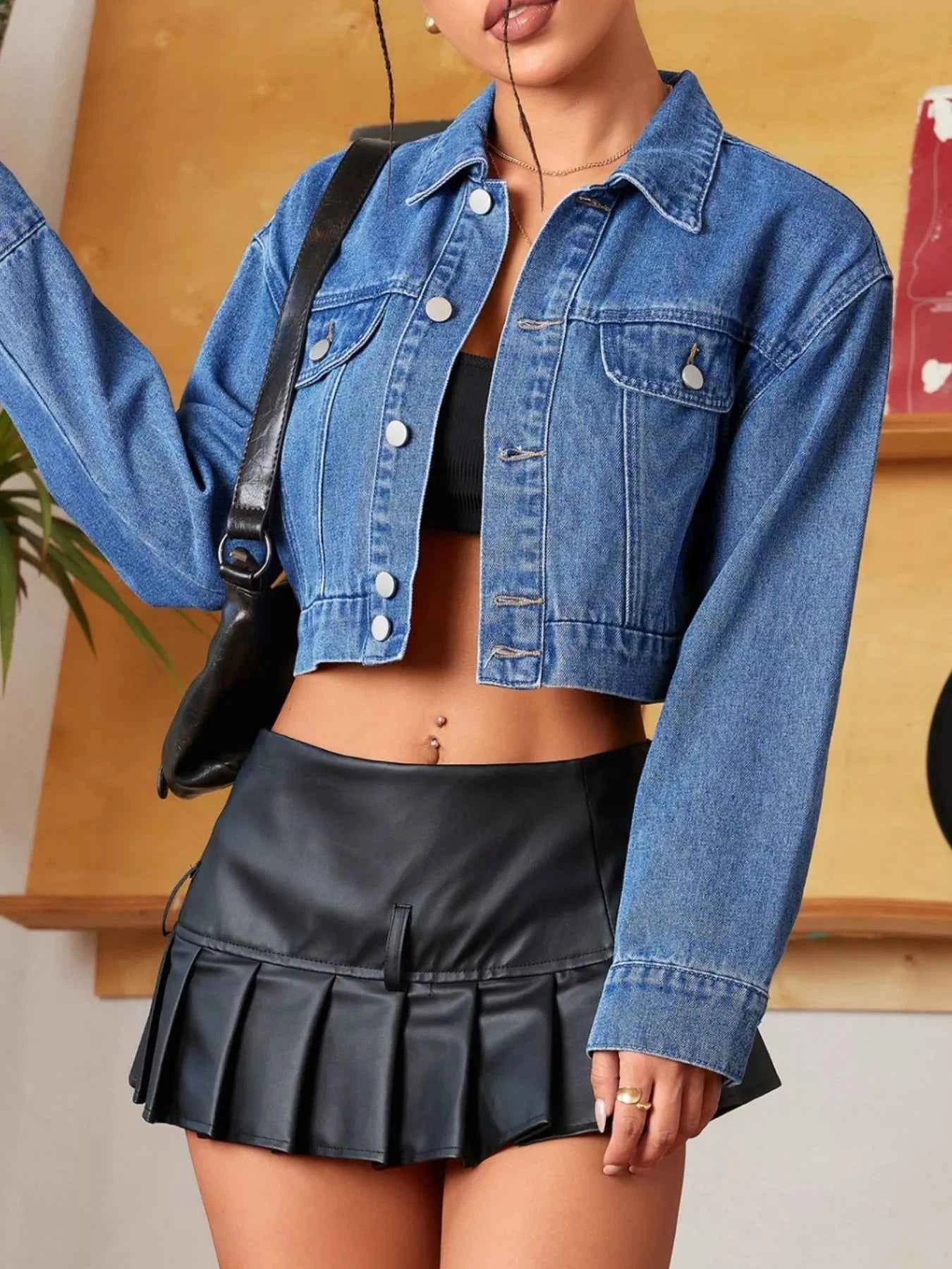 Button Up Cropped Casual Denim Jacket