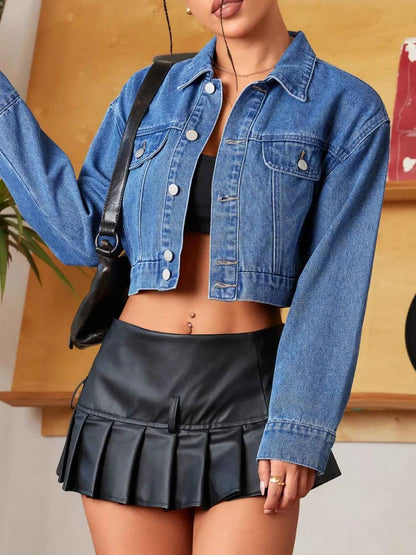 Button Up Cropped Casual Denim Jacket