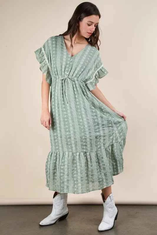 VERY J Embroidered Boho Ruffled Midi Dress
