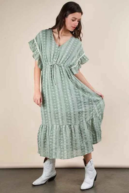 VERY J Embroidered Boho Ruffled Midi Dress