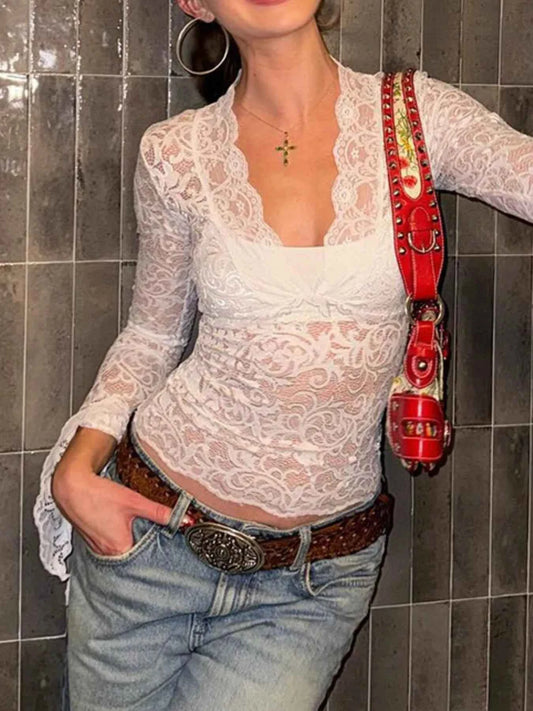 Lace Long Sleeve Deep V-Neck Blouse