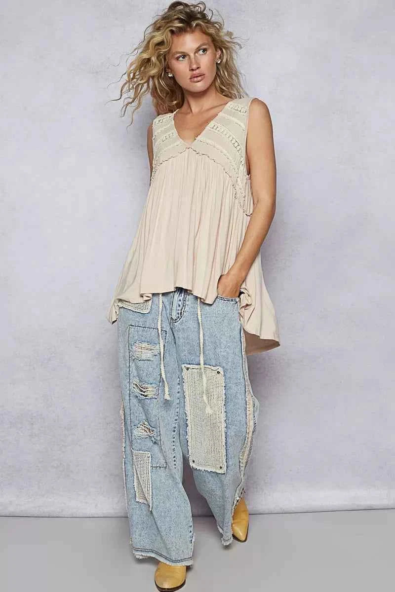 POL Lace Trim Babydoll Sleeveless Top with Ruffled and Raw Edge Detail
