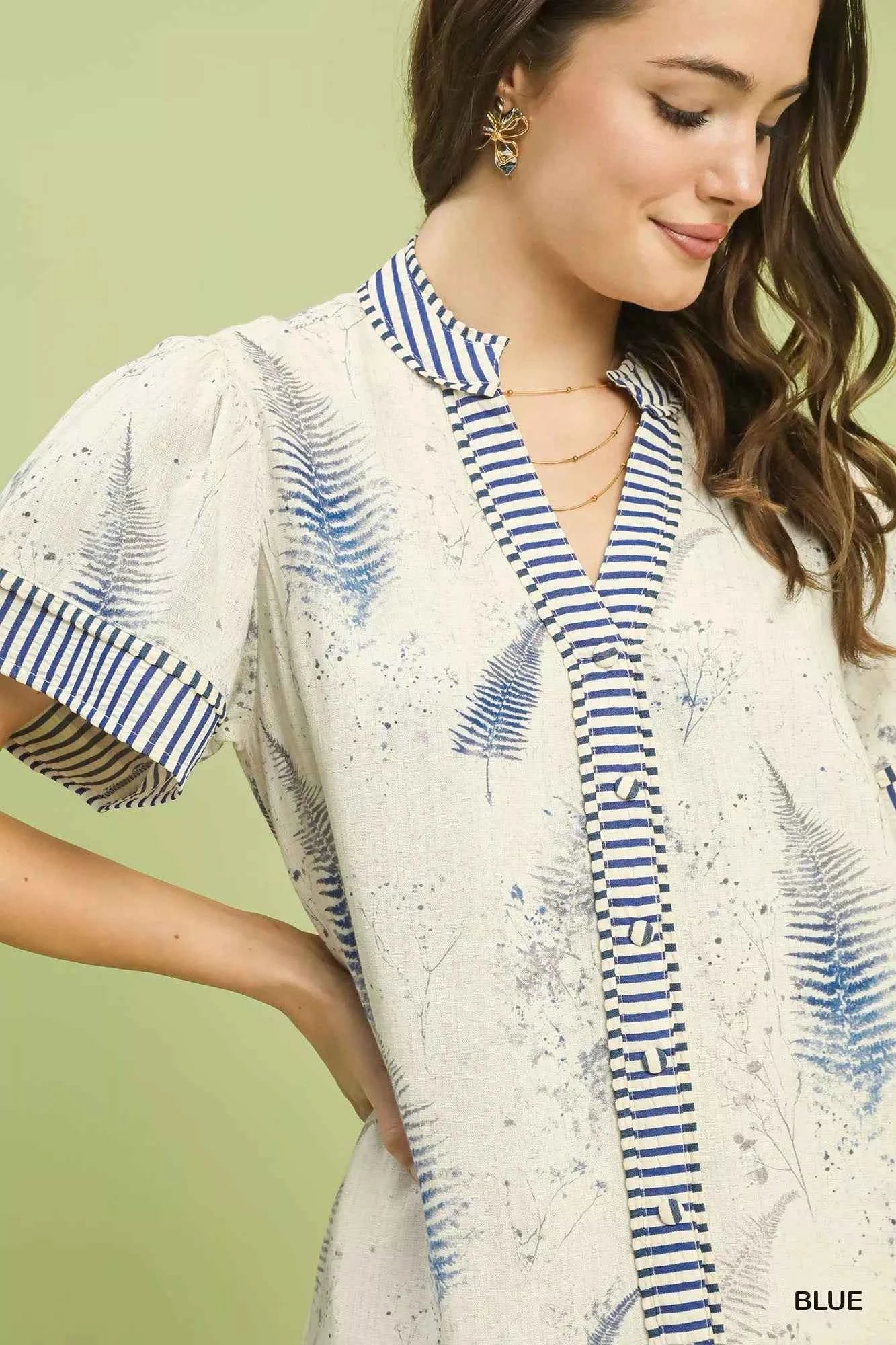 Umgee Linen Printed Button-Front Tiered Mini Dress