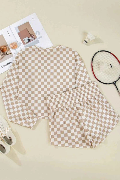 Checkered Long Sleeve Top and Skirt Two-Piece Set