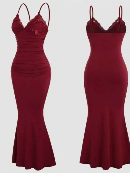 Lace Trim Ruched Mermaid Dress