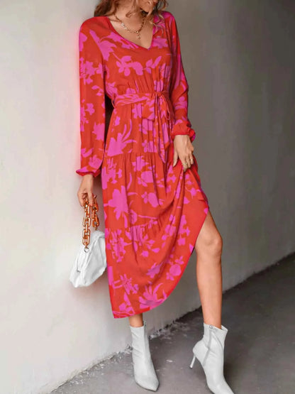 Printed V-Neck Balloon Sleeve Dress