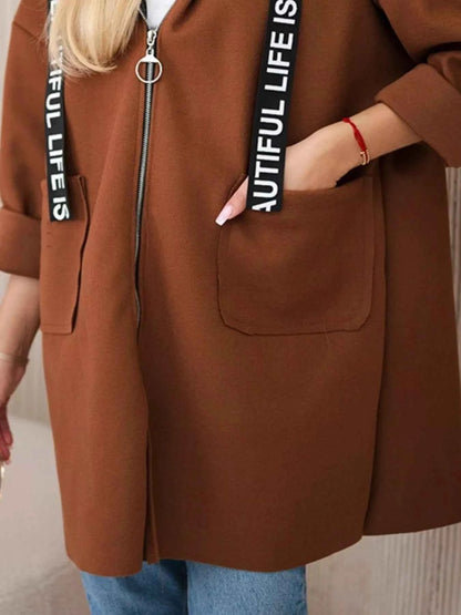 Full Size Hooded Zip-Up Longline Outerwear Plus Size