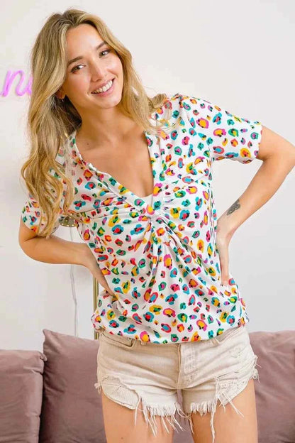 BiBi Multi Color Leopard Jersey Shirred V Neck Top
