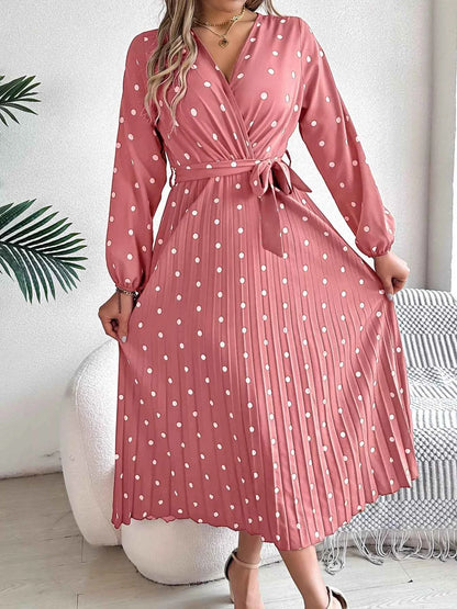 Front Tie Polka Dot Midi Pleated Dress