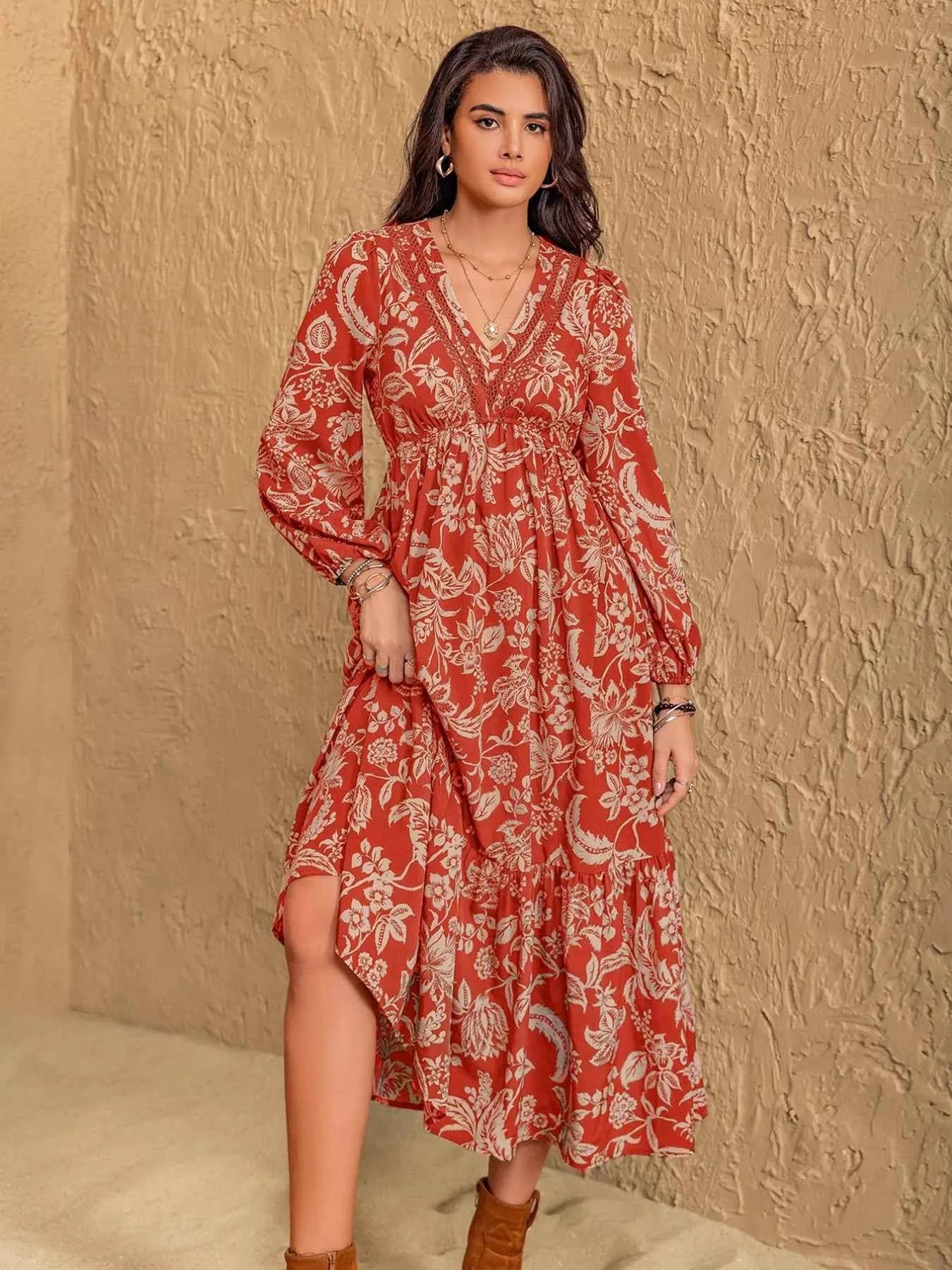 Boho Floral Print Long Sleeve Midi Dress