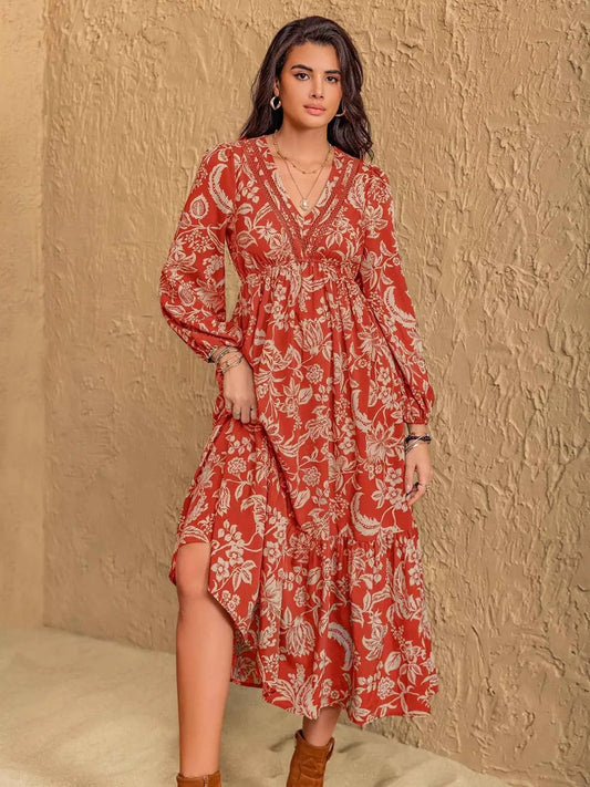 Boho Floral Print Long Sleeve Midi Dress