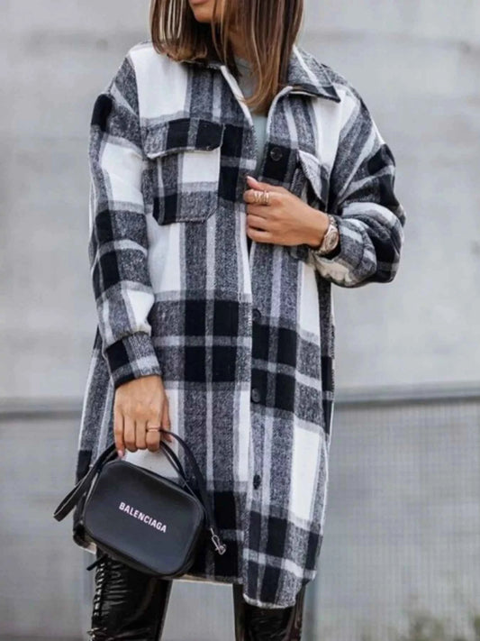 Button Down Collared Neck Plaid Flannel Shacket
